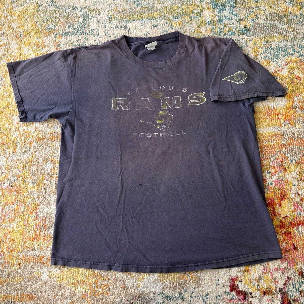 Vintage Lee Sport St. Louis Rams Football Tee Navy Bleach Splatter Sun Faded XL